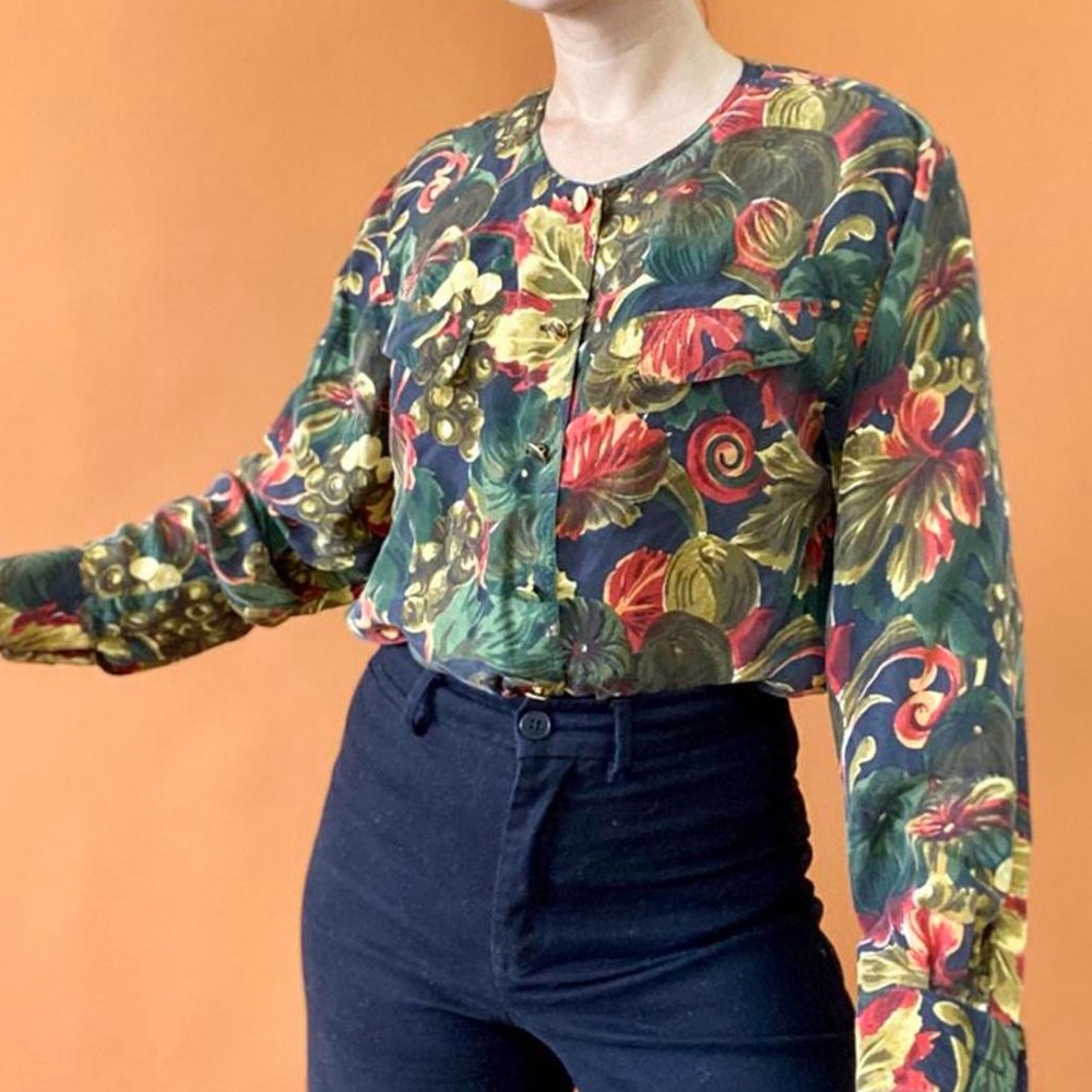 Vintage floral abstract silk button up shirt